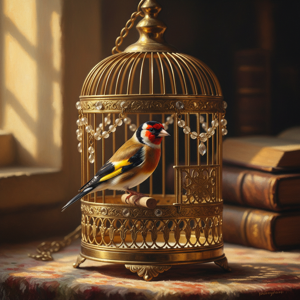 Cage avec chardonneret algérien