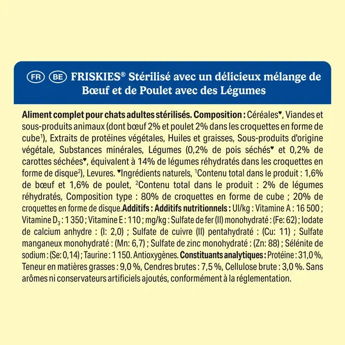 FRISKIES® CHAT STÉRILISÉ - Croquettes avec mélange de Bœuf et de Poulet avec des Légumes
