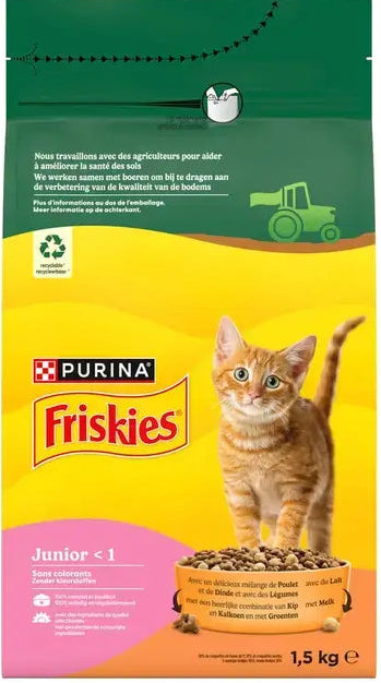 FRISKIES® JUNIOR - Croquettes pour Chaton avec un mélange de Poulet et de Dinde avec du Lait