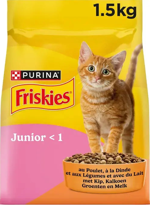 FRISKIES® JUNIOR - Croquettes pour Chaton avec un mélange de Poulet et de Dinde avec du Lait