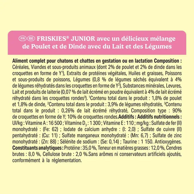 FRISKIES® JUNIOR - Croquettes pour Chaton avec un mélange de Poulet et de Dinde avec du Lait