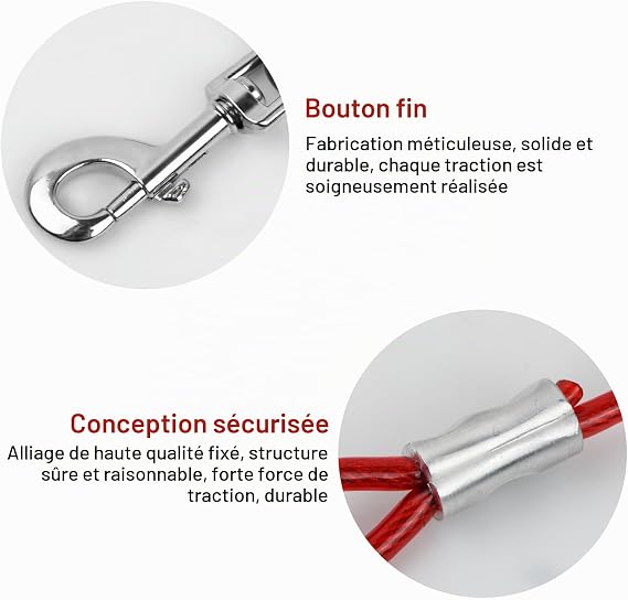 Câble d'Attache Chien 3 m – Longe Anti-Morsure avec Crochet Pivotant 360° (Rouge)