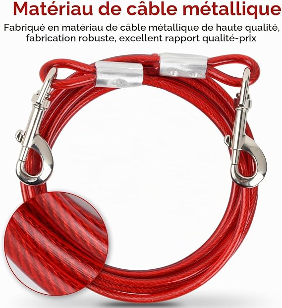 Câble d'Attache Chien 3 m – Longe Anti-Morsure avec Crochet Pivotant 360° (Rouge)