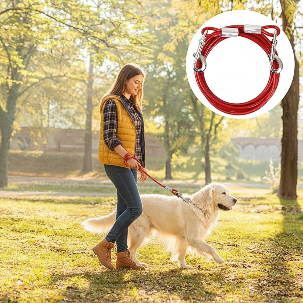 Câble d'Attache Chien 3 m – Longe Anti-Morsure avec Crochet Pivotant 360° (Rouge)