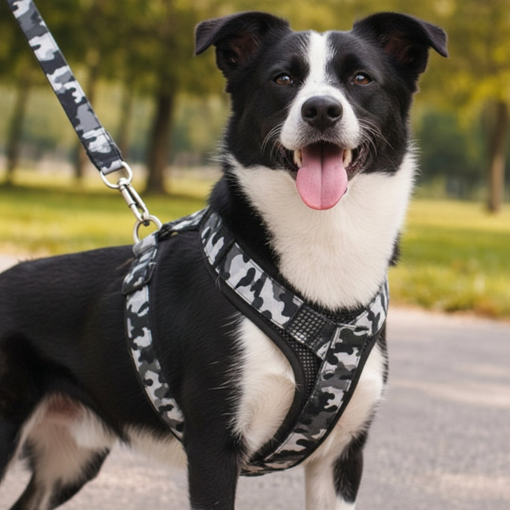 Chien portant le harnais camouflage Animo360 en promenade