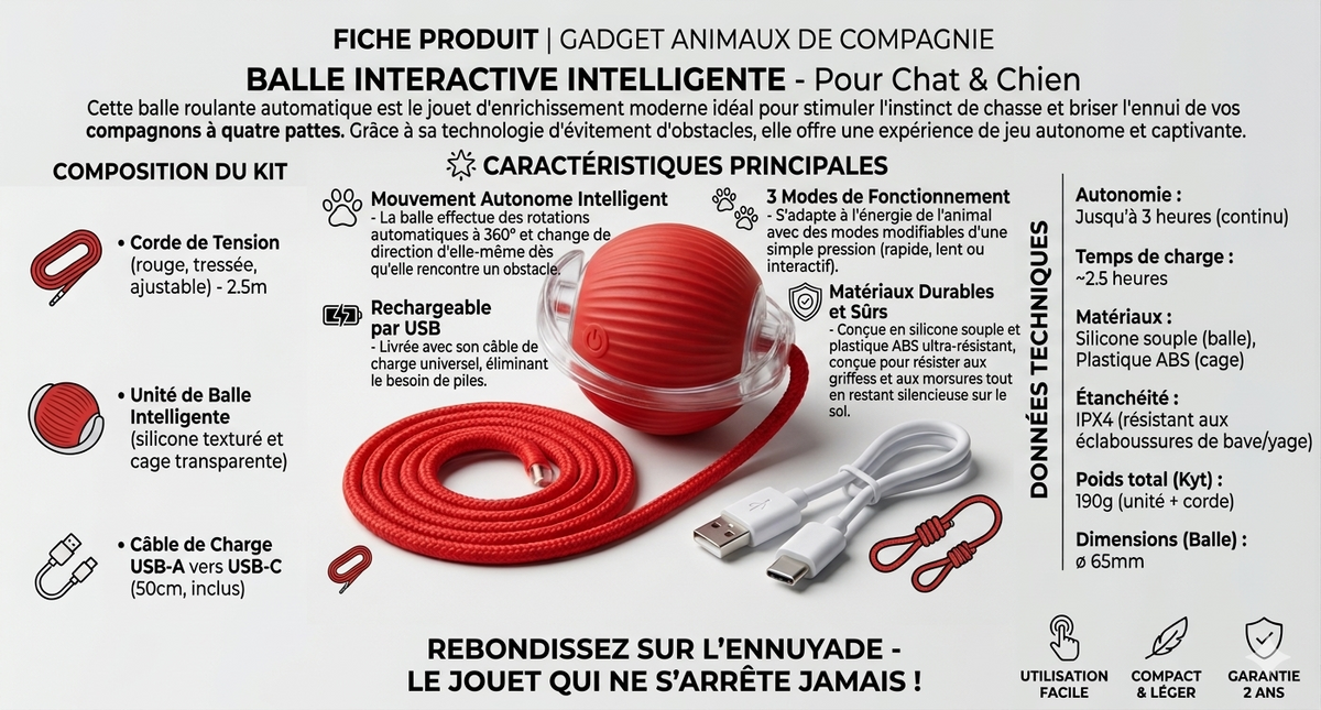 Balle Interactive Chat & Chien - Roule, Vibre et Change de Direction