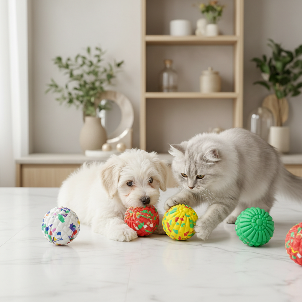 Chien et chat jouant avec les balles multicolores