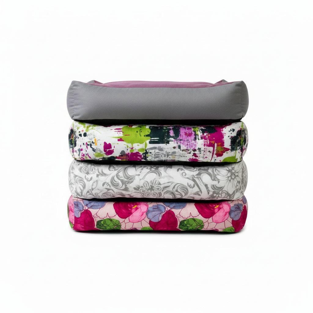 Coussins pour chien empilés, dessus mauve uni, bordures grises