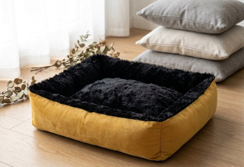 Lit douillet jaune moutarde pour chien ou chat avec intérieur noir