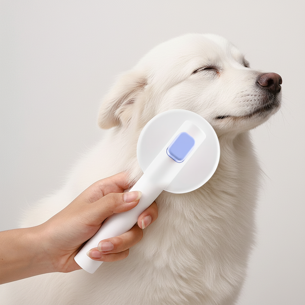 Peigne de massage bleu utilisé sur chien blanc - fond gris