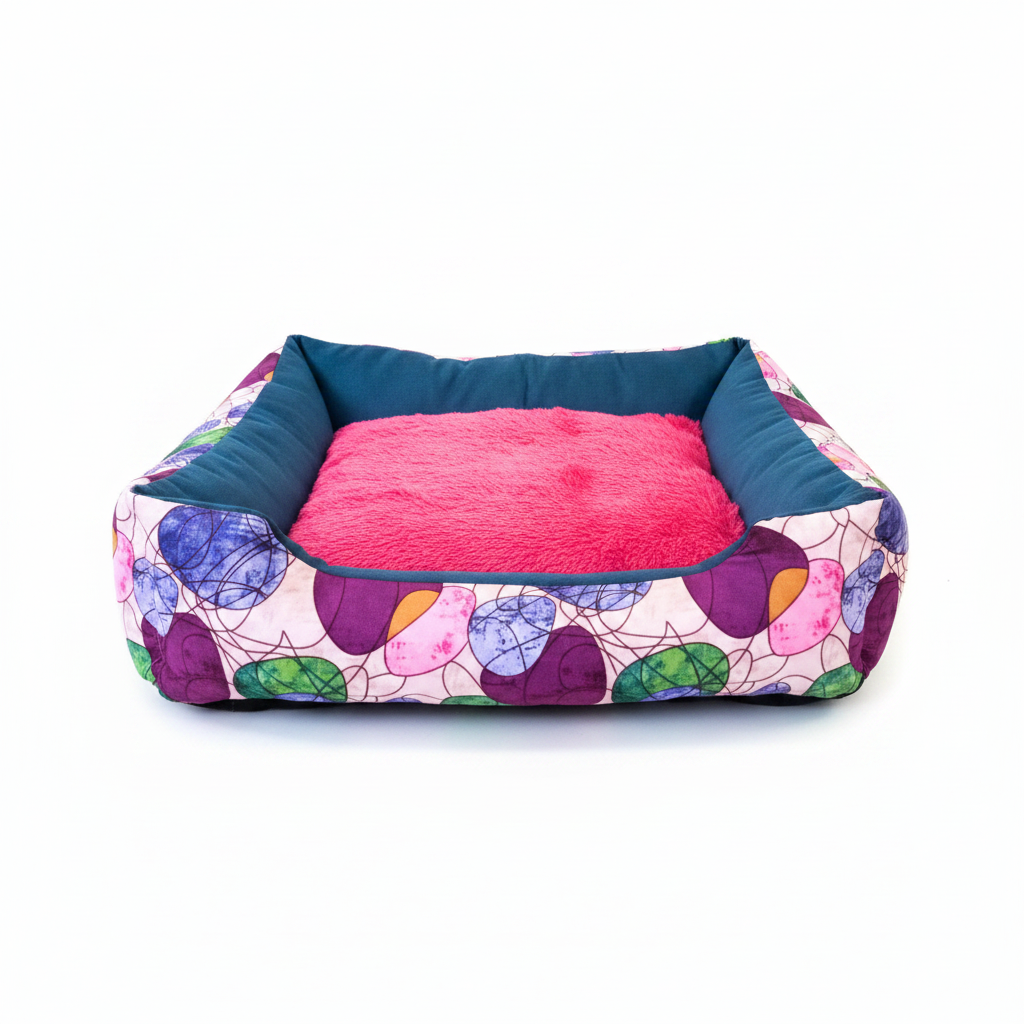 Coussin pour chien vue de face, motif floral coloré