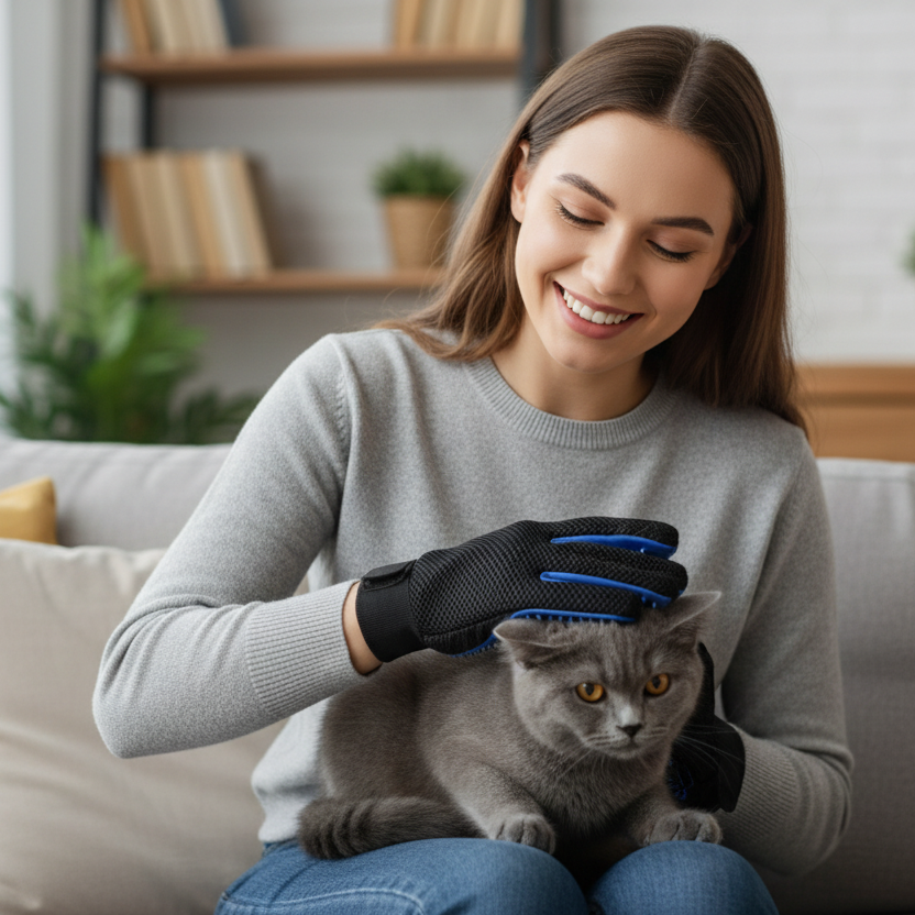 Jeune femme toilettant son chat avec le gant de toilettage bleu et noir