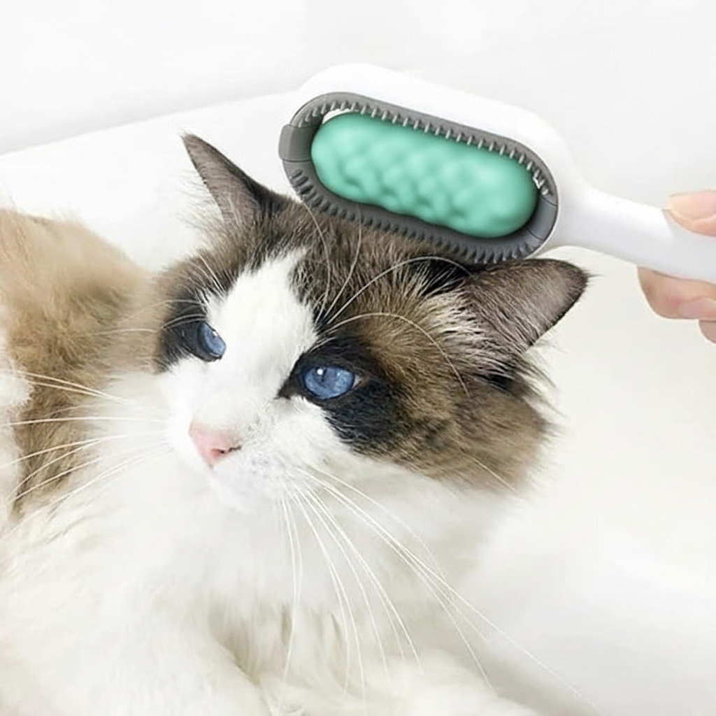 Peigne 3-en-1 brosse verte - chat Ragdoll premier plan