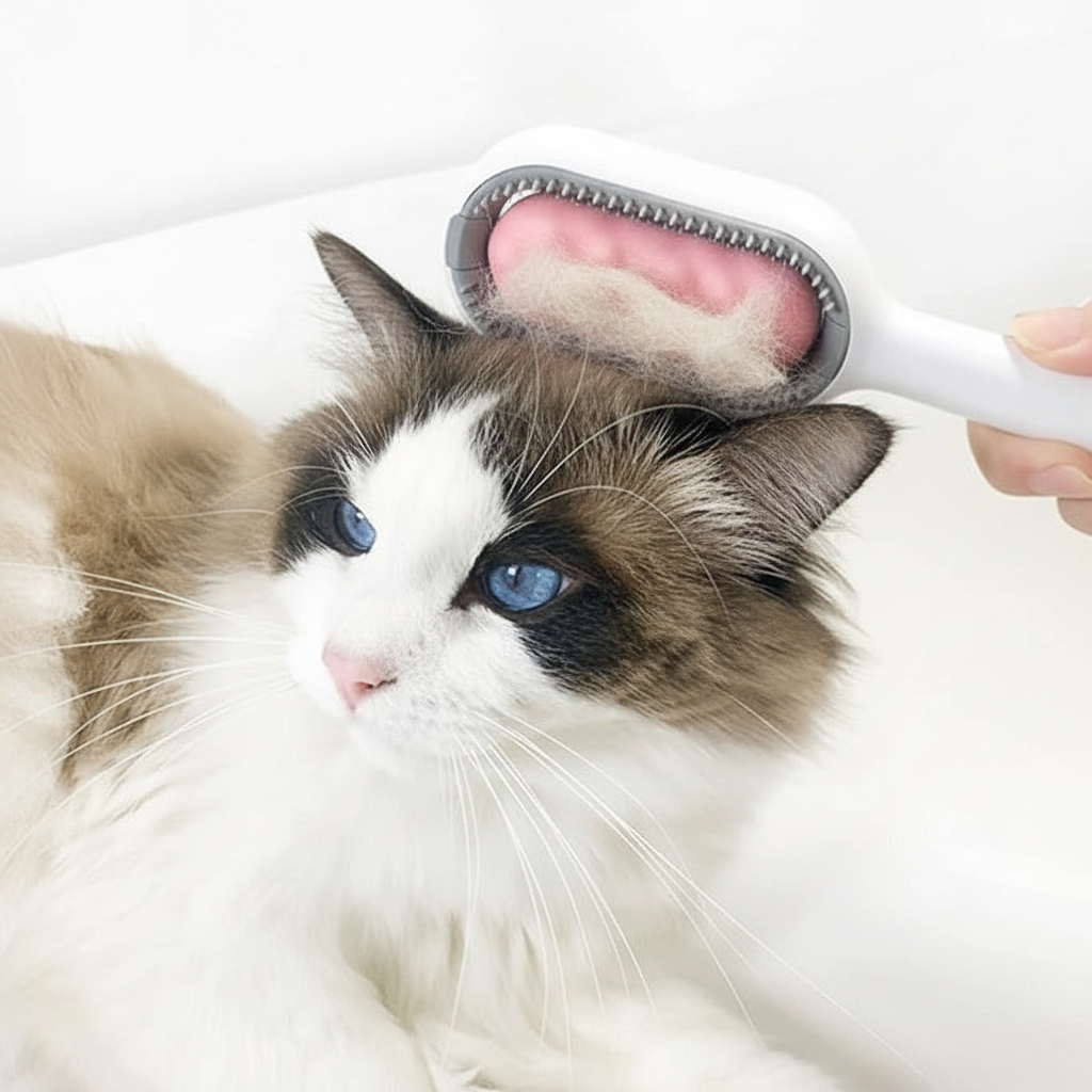 Peigne 3-en-1 brosse rose - chat Ragdoll premier plan