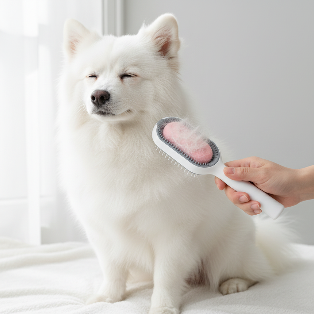 Peigne 3-en-1 utilisé sur un chien blanc