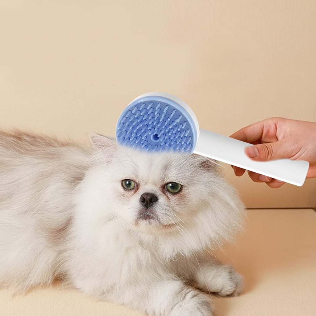 Peigne de massage bleu utilisé sur chien persan blanc - fond beige