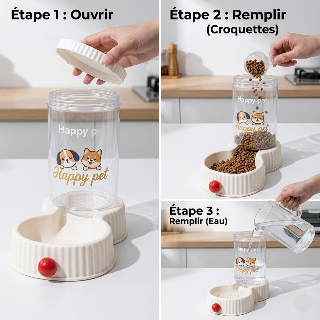 Étapes d'utilisation du distributeur Happy Pet