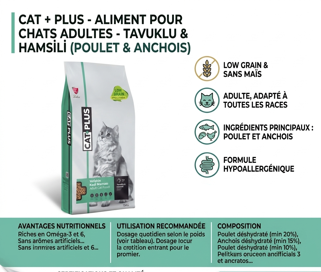 CAT PLUS – Croquettes Adulte Poulet & Anchois Low Grain 1,5 kg