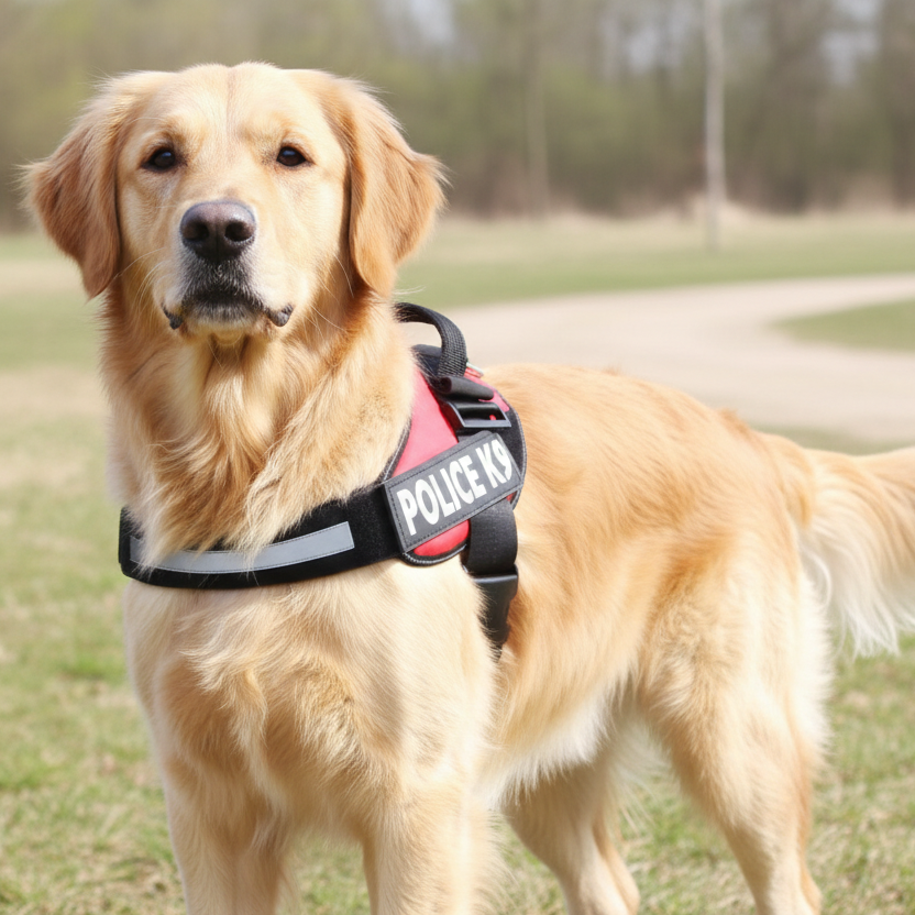 Harnais tactique rouge K9 sur chien golden retriever